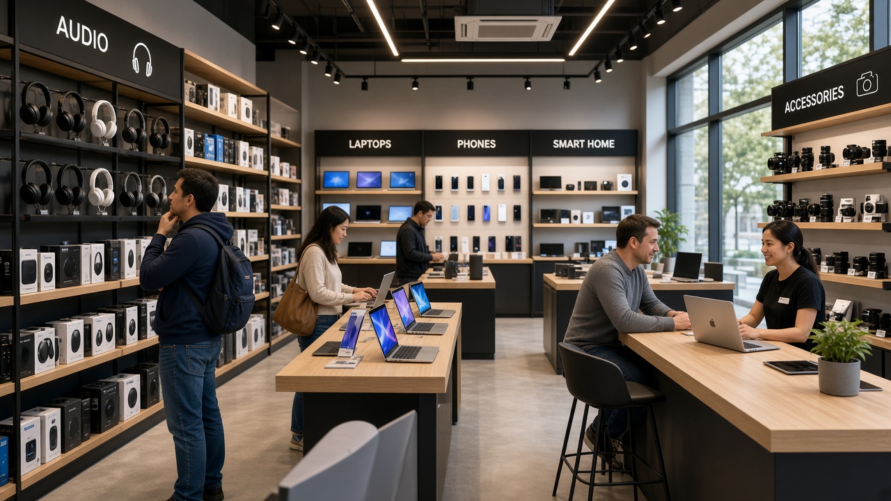 Electronics retail floor with gadgets on display